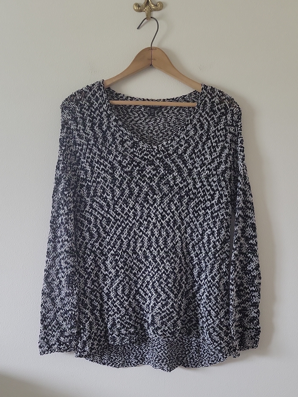 Eileen Fisher Black White Marled Knit Long Sleeve Sweater Size Large